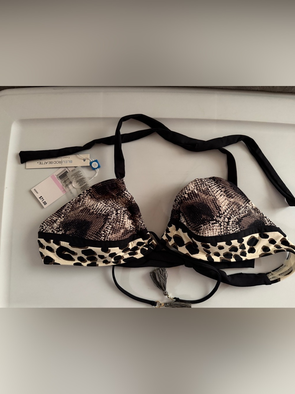 Bleu Rod Beattie Black, Cream & Brown Animal-Print Halter Bikini Top with Tassel